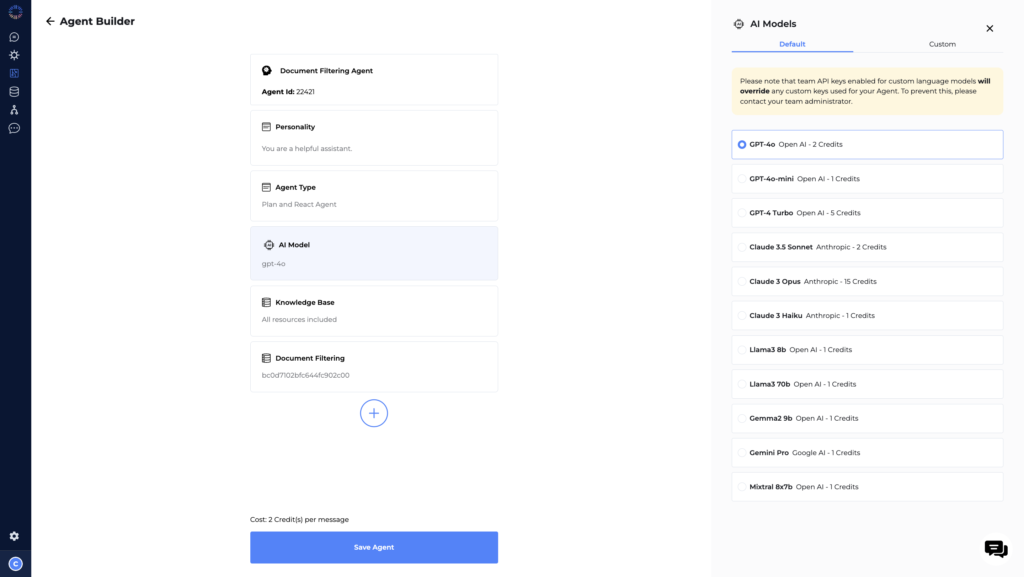Odin AI Agent Builder interface displaying the selection of AI models, including GPT-4o, for a Document Filtering Agent setup.